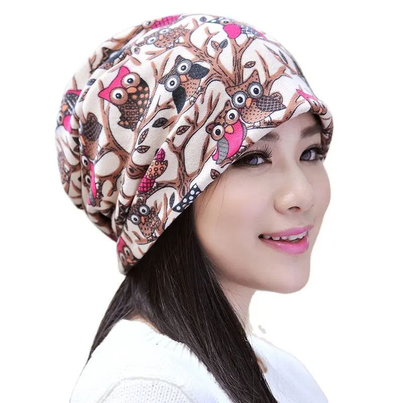 Multifunzione Slouchy Beanie Hat Owl Pattern foderato in pile Winter Warm Cap Loop sciarpa per le donne