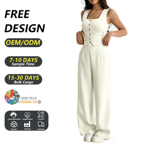 Conjunto Premium de Chaleco Blanco con Cuello Cuadrado y Pantalones Anchos, Traje de Mujer con Chaleco Entallado y Botones Frontales, Logotipo Personalizado, Ropa de Oficina - Product Image 1