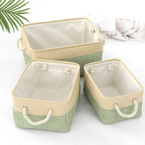 Foldable Canvas Storage Basket <b>Rectangle</b> Two-Tone Solid Color With Rope Handles For Bedroom Organizing - Product Image 4