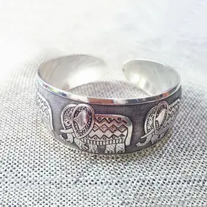 Vintage Thai Silver Elephant Cuff Bracelet Ethnic Wide Animal Bangles For Women Men Jewelry Accessories