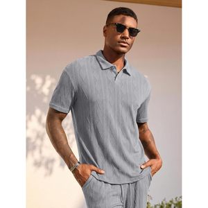 FOXA Mens Polo <b>Set</b> Short Sleeve Textured Pants Casual Summer Breathable 100% Polyester <b>Knitted</b> Outfit - Product Image 3