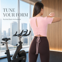 Haut de sport froncé pour femme à manches courtes avec bonnets intégrés, T-shirt de sport pour femme, tenue de gym et yoga, vêtements de sport féminins, logo personnalisé