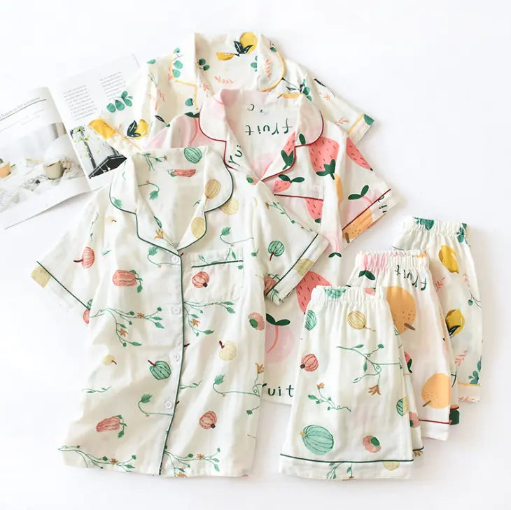 Wholesale Cotton Printing Fruit short sleeve and Pants Pajamas Sets Women Nighty For Homewear