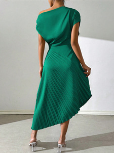 Robe longue plissée décontractée à manches courtes pour femme, en satin couleur unie, coupe ajustée et asymétrique, idéale pour les soirées et clubs – Collection Printemps-<span class=keywords><strong>Été</strong></span> - Product Image 5