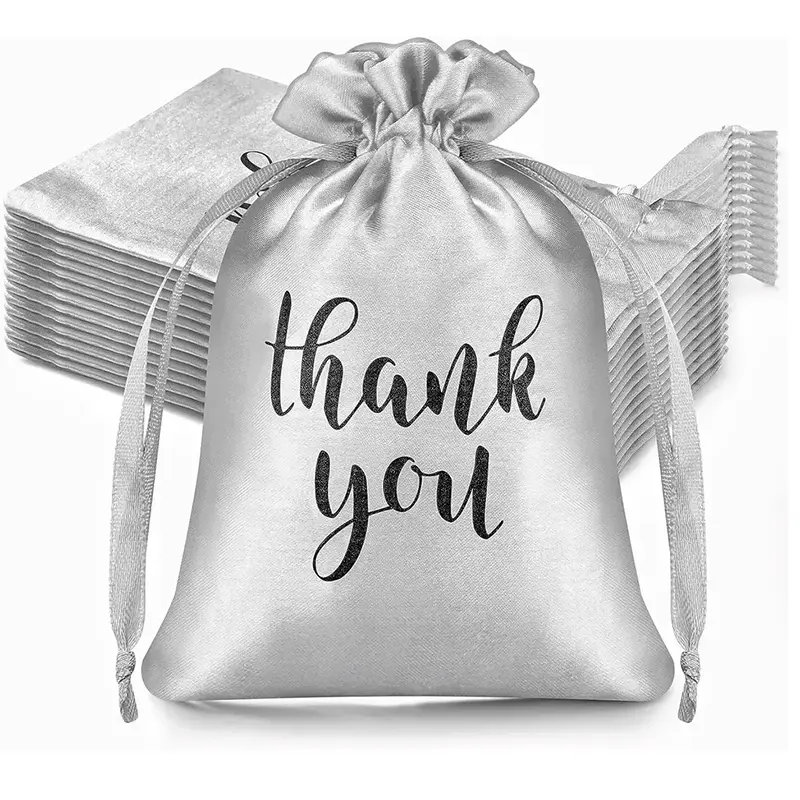 Silver 4x6 Inch Satin Gift Bags Drawstring Thank You Pouches for Wedding Party Bridal Shower Baby Shower Favor