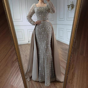 Robe de soirée élégante pour femme, nouvelle collection, couleur unie, col <span class=keywords><strong>carré</strong></span>, manches longues, <span class=keywords><strong>coupe</strong></span> ajustée, longue traîne, avec décorations de perles et de perles lourdes - Product Image 1