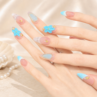 Faux ongles en acrylique faits main de qualité supérieure, motif floral 3D bleu, avec French manucure rose nude, réutilisables, logo personnalisé, vente en gros