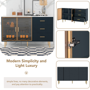 Modern Solid Wood <b>Sideboard</b> Buffet Cabinet Marble Sticker Tabletop Amber-yellow Tempered Glass Doors Living Room Dining Storage - Product Image 3