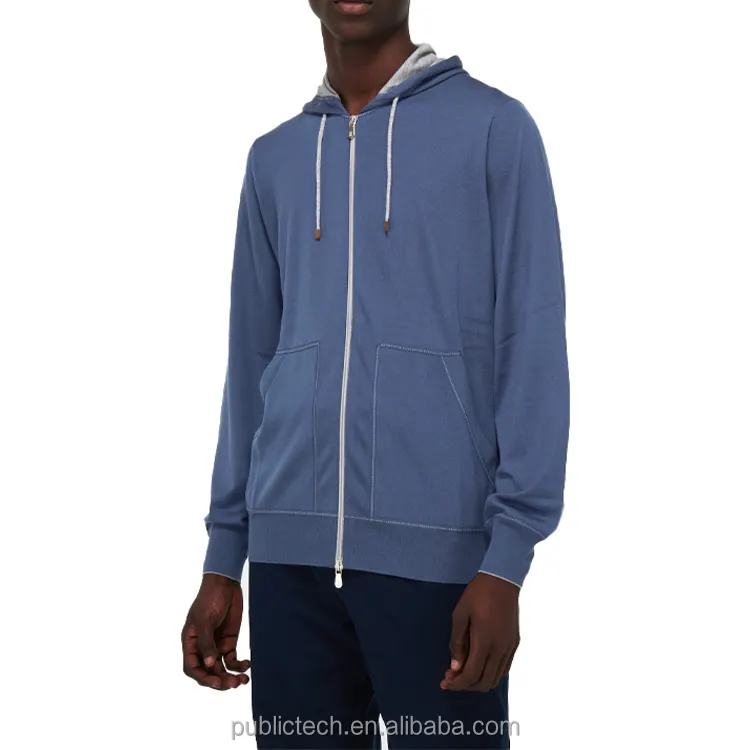 Wholesale summer blank lightweight gym workout 100% polyester custom logo mens blue zipup hoodie