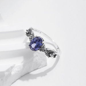 S925 <b>Silver</b> Sapphire <b>Ring</b> Oval Cut Prong Setting Flower Pattern Rhodium Plated Women's Engagement Gemstone <b>Ring</b> - Product Image 1