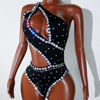 Justaucorps asymétrique pour femme Custom Techno Noir Cyber Diva avec découpes et strass 3D, idéal pour les spectacles sur scène