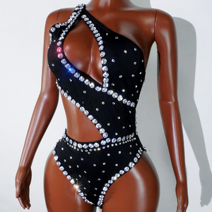Combinaison personnalisée Techno <span class=keywords><strong>Noir</strong></span> Cyber Diva, justaucorps asymétrique à découpes avec strass 3D, tenue de scène pour le festival Coachella - Product Image 3