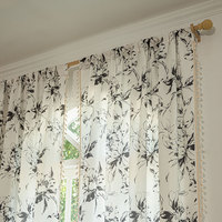 Voilages à imprimé floral noir et blanc style pastoral avec franges, filtrant la lumière, pour chambre et salon