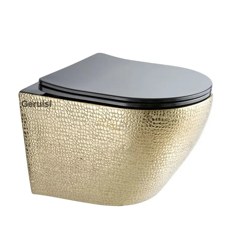 Luxury design bathroom ceramic golden wc electroplated gold wall hung toilet