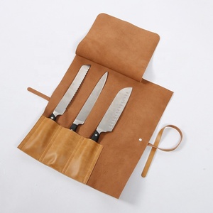 CHANGRONG Custom 3-Knife Slots Brown Leather Chef Knife <strong>Roll</strong> <strong>Bag</strong> Portable and Durable for <strong>Tool</strong> Storage OEM and ODM Supported - Product Image 2