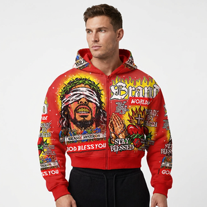 Men <b>Summer</b> Crop Zip-Up <b>Hoodie</b> Red All Digital Hip Hop Streetwear Religious Graphic Lightweight Breathable OEM Service Sweatshirt - Product Image 6