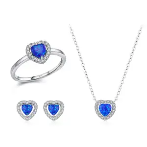 Conjunto de joyería de plata de ley 925 fina, delicado collar de corazón de ópalos azul oscuro, pendientes de anillo para mujer