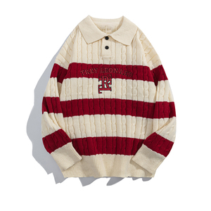 Suéter de punto de rayas multicolores <span class=keywords><strong>9gg</strong></span> de algodón 100% para hombre, suéter de cuello Polo bordado Jacquard personalizado para hombre - Product Image 1