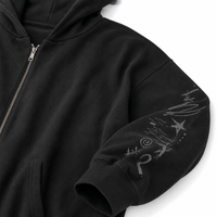 Sweat à capuche zippé coupe ample avec motif graphique gothique vintage sur la poitrine et les manches, veste streetwear pour un style décontracté