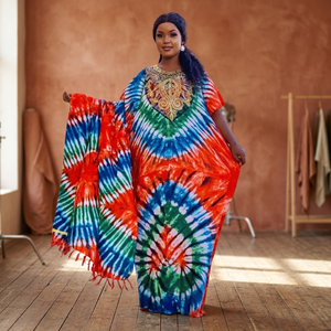 Vestido Maxi Tie Dye para Mujer, Manga Corta, Estilo Boho Holgado, Manga Casquillo, Bordado con Patrón Geométrico, Ropa Casual de Verano - Product Image 2