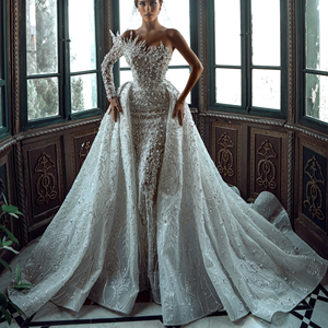 Luxo frisado ilusão manga comprida trem destacável das mulheres africanas noiva vestidos de casamento um ombro nupcial vestidos de casamento - Product Image 3