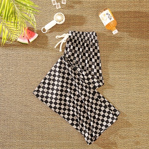 <strong>Women</strong> Summer Spring Plaid Casual Pants Ice Silk Smooth Loose Wide Leg <strong>Trousers</strong> New Lady <strong>Checkered</strong> Long Pants