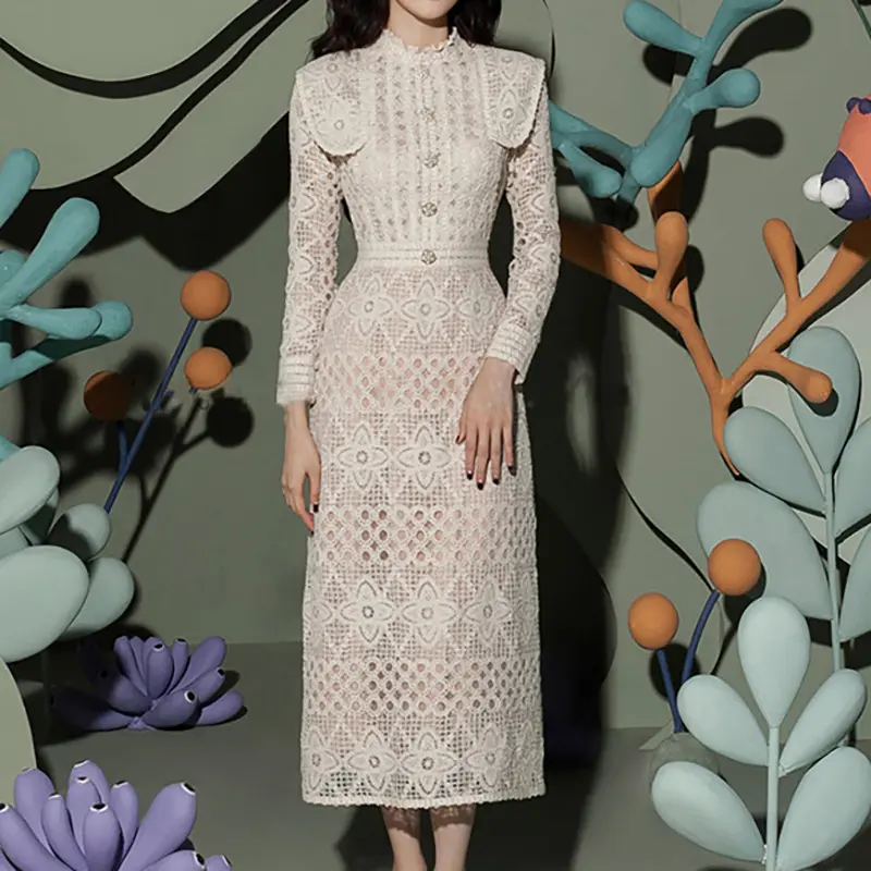 2022 spring new trendy women clothes long sleeve tight waist elegant lace dresses hollow out long dress
