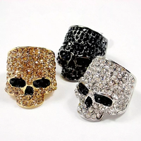 Punk Rock grosse tête os bagues en gros noir Hiphop bijoux or argent strass cristal crâne alliage anneau pour homme