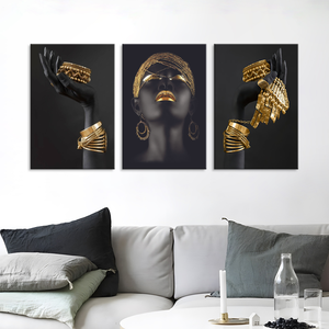 Donna africana arte della parete pittura di arte <span class=keywords><strong>Poster</strong></span> e stampe donna nera arte <span class=keywords><strong>con</strong></span> gioielli in oro tela immagine decorazione per la casa - Product Image 5