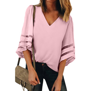 Blus V-neck wanita ukuran Plus, blus warna Solid Lengan tiga perempat, gaya kasual kain sifon untuk musim gugur - Product Image 2