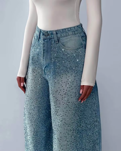 Vaqueros de mezclilla de cintura alta y pierna ancha con pedrería para hombre, estilo Y2K, corte holgado, lavado claro, pantalones brillantes de streetwear - Product Image 2