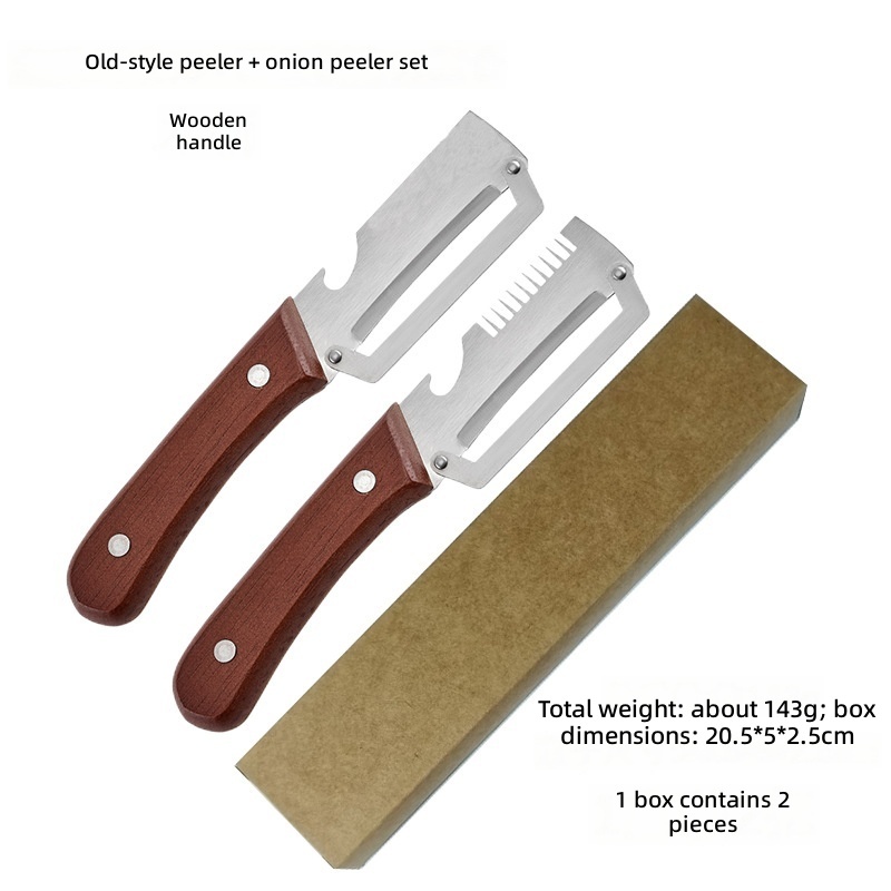 Cuchillo para cebolletas de madera - Pelador modelo antiguo - Juego de 2 piezas en caja.