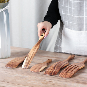 Soldes Exceptionnelles : Ensemble de Spatules à Long Manche en Bois d'Acacia – Cinq Spatules à Sauce en Bois, Grattoirs et Écumoire – Bestseller Transfrontalier - Product Image 4