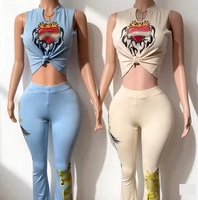 B9023 - Nouvelle tenue estivale tendance pour femmes, haut court imprimé sans manches et pantalon décontracté, ensemble deux pièces