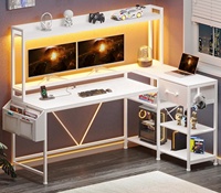 Table de bureau blanche en forme de L Étagères de rangement Bureau d'angle Bureau de jeu en forme de L avec lumières LED