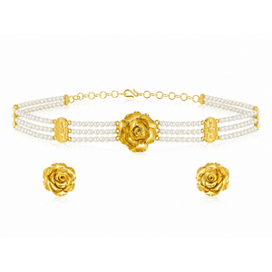 Accessoires de mode plaqués or City Girl avec design rose, collier ras-de-cou à 3 rangs de perles et boucles d'oreilles clous, ensemble collier ras-de-cou de perles - Product Image 1