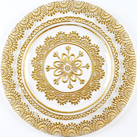 Assiettes de présentation en verre transparent de 13 pouces avec décorations dorées en relief pour la maison, l'hôtel et le restaurant