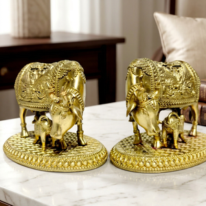 Idole en laiton pur de vache et de veau, 7x5x5cm, 100% laiton, Gau Mata Murti Puja, fait main, durable, pour temple et décoration spirituelle de la maison, cadeau - Product Image 1
