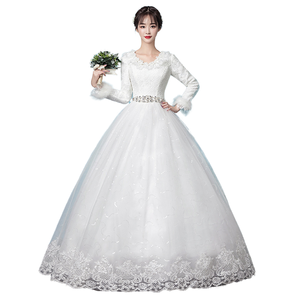 Nuevo Vestido <span class=keywords><strong>de</strong></span> Novia Moderno Blanco <span class=keywords><strong>de</strong></span> <span class=keywords><strong>Manga</strong></span> <span class=keywords><strong>Larga</strong></span>, Cálido y Grueso, Estilo Francés Súper Romántico con Decoración <span class=keywords><strong>de</strong></span> Perlas, Teñido Liso - Product Image 1