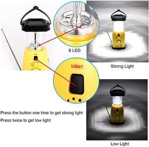 Xách tay <span class=keywords><strong>LED</strong></span> cắm trại đèn lồng với panel năng lượng mặt trời <span class=keywords><strong>FM</strong></span> Đài phát thanh Đèn Pin tay Crank USB sạc ngoài trời đài phát thanh khẩn cấp - Product Image 6