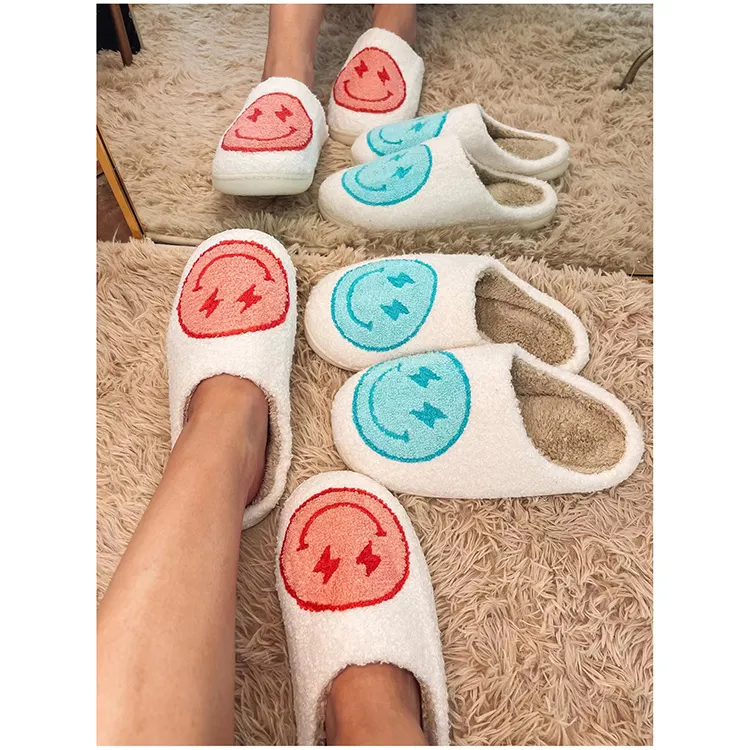 Ready to ship Winter Warm Cartoon lightning bolt eyes Smiley Face Cozy Slippers Fur Fluffy Slides Gift Happy Face Women's Shoes