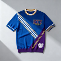 Pull tricoté pour homme, style streetwear, à manches courtes, avec ourlet côtelé, rayures, logo sur la poitrine, chaînes dorées et feuilles blanches