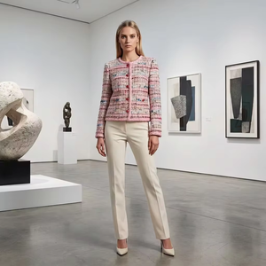 Luxurious Red and <strong>White</strong> Multi-color Tweed <strong>Jacket</strong> Women Heavyweight <strong>Boucle</strong> Blazer Modern Art Gallery Style Plaid - Product Image 1