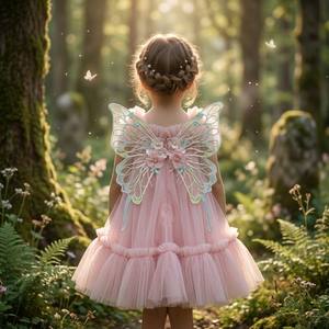 Marchio all'ingrosso su misura di qualità rosa Tulle fiori Appliqued ali di farfalla indietro per <span class=keywords><strong>bambini</strong></span> dolci abiti da bambina - Product Image 2