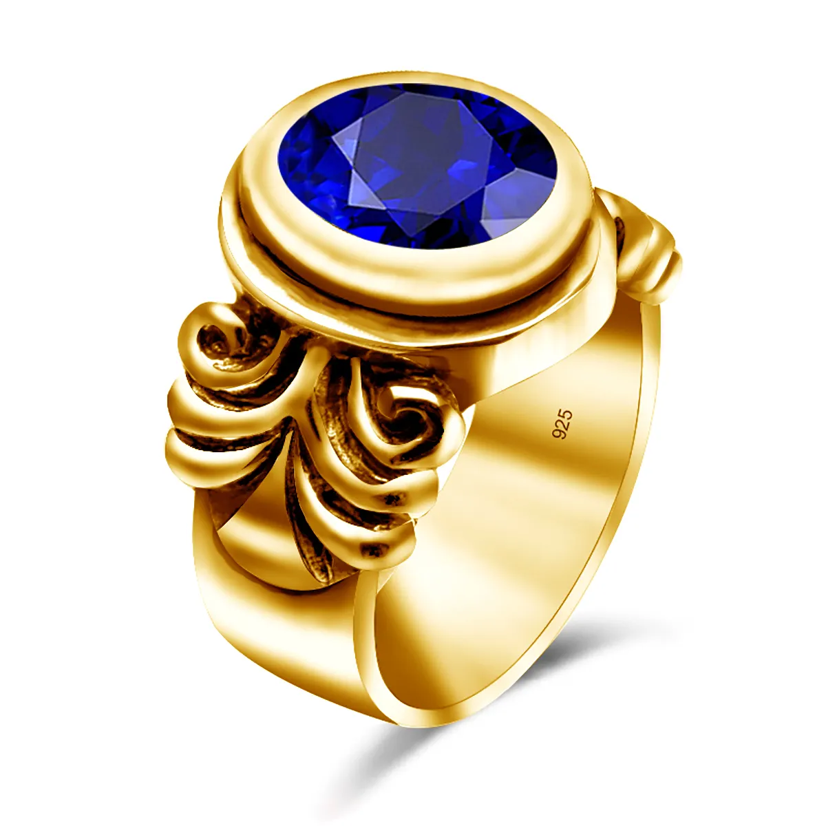 Ancient Arabian Islamic Religious Style Silver Jewelery Big Sapphire Gemstone 925 Silver Gold Bishop Rings Man