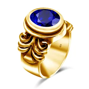 古代阿拉伯伊斯兰宗教风格大蓝宝石宝石925银金主教金戒指男子18k