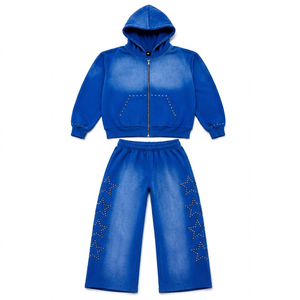 Ensemble de survêtement bleu à capuche pour homme, coupe droite, en molleton écologique, streetwear, couleur unie, polyester, sweat-shirt et pantalon - Product Image 1