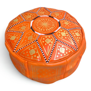 Traditional Moroccan Handmade <b>Leather</b> Pouf Ottoman Round Footrest Seat Orange Embroidery Home Decoration - Product Image 2