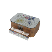 Boîte à bijoux en bois octogonale avec dessus en verre imprimé de motifs floraux, rangement multi-couches verrouillable pour bijoux, emballage cadeau personnalisé