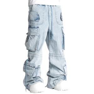 Pantalones Cargo Extra Holgados de Mezclilla Azul 100% Algodón, Lavado Desgastado, con Múltiples Bolsillos, Estilo Urbano, para Hombre, Venta al Por Mayor - Product Image 3